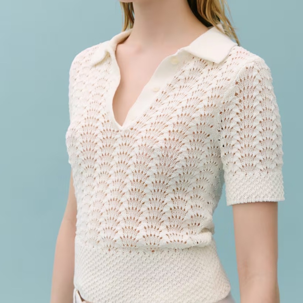 NWT Mango White Open-Knit Polo Sweater - Picture 6 of 8